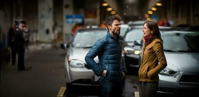 ein Teilt Bildschirm Bild zeigt an ein frustriert Mann und ein wütend Frau schreien beim jeder andere im ein der Verkehr Marmelade foto