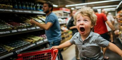 ein jung Kind wirft ein Wutanfall im ein Supermarkt Gang verursachen Chaos und Frustration zum ihr erschöpft Elternteil foto