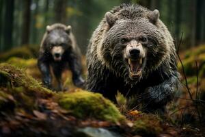 ein Knurren Wolf konfrontiert ein schützend Mutter Bär präsentieren das heftig Rivalität zum Essen und Gebiet im das Wildnis foto