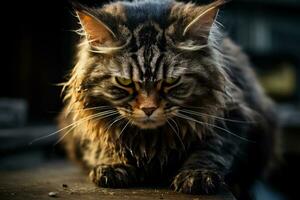 ein Nahansicht Foto Erfassen das heftig Blick von ein Katze Aufschlussreich es ist innere Wut und Trotz im ein Haushalt Rahmen