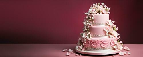 dreistufig elegant Hochzeit Kuchen mit zart essbar Dekorationen isoliert auf ein Rosa Gradient Hintergrund foto
