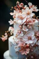 Detail Schuss von ein verschwenderisch dreistufig Hochzeit Kuchen mit zart Zucker Einfügen Blumen foto