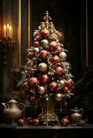 exquisit viktorianisch Weihnachten Baum geschmückt mit festlich Antiquität Ornamente ausströmend ein Aura von klassisch Eleganz und Tradition foto
