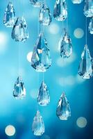 funkelnd Glas Eiszapfen Ornamente fangen das Umgebungs Licht hing köstlich isoliert auf kühl getönt winterblau Gradient Hintergrund foto