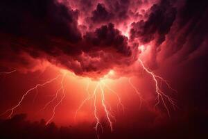 dramatisch rot Sturm Himmel verschlungen im elektrisierend apokalyptisch Blitz. ai generiert foto