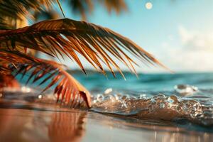 Strand locken verschwommen Palme, Bokeh Hintergrund verbessern sandig Szene, verkörpern Sommer- Flucht ai generiert foto