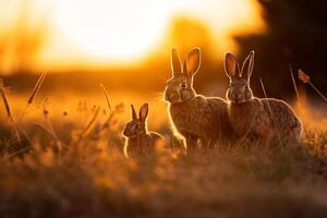 ein Familie von wild Kaninchen genießen das goldene Stunde Aussicht im ein grasig Feld ai generativ foto