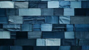 kreativ Patchwork von Denim Texturen im verschiedene Schatten von Blau, Ideal zum jugendzentriert Mode Anzeige ai generativ foto