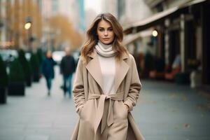 jung Frau tragen ein Beige Mantel und Gehen auf ein Straße. foto