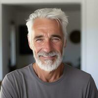 ein grau älter Mann mit Weiß Haar und ein Lächeln foto