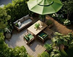ein Grün Wohn Garten Terrasse Szene mit draussen Möbel foto