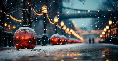 Nacht schneebedeckt Weihnachten amerikanisch Stadt Detroit, Neu Jahr Urlaub, verschwommen Hintergrund - - ai generiert Bild foto