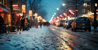 Nacht schneebedeckt Weihnachten amerikanisch Stadt Detroit, Neu Jahr Urlaub, verschwommen Hintergrund - - ai generiert Bild foto