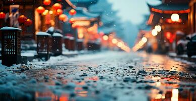 Nacht schneebedeckt Weihnachten China, Neu Jahr Urlaub, verschwommen Hintergrund - - ai generiert Bild foto