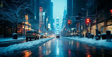 Nacht schneebedeckt Weihnachten amerikanisch Stadt Neu York, Manhattan Bereich, Neu Jahr, verschwommen Hintergrund - - ai generiert Bild foto