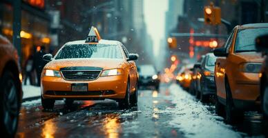 Nacht schneebedeckt Weihnachten amerikanisch Stadt Neu York, Manhattan Bereich, Neu Jahr, verschwommen Hintergrund - - ai generiert Bild foto