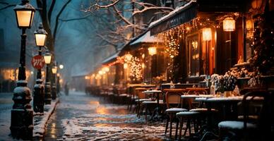 Nacht schneebedeckt Weihnachten Paris, Neu Jahr Urlaub, verschwommen Hintergrund - - ai generiert Bild foto