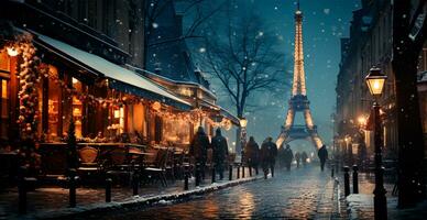 Nacht schneebedeckt Weihnachten Paris, Neu Jahr Urlaub, verschwommen Hintergrund - - ai generiert Bild foto