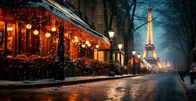 Nacht schneebedeckt Weihnachten Paris, Neu Jahr Urlaub, verschwommen Hintergrund - - ai generiert Bild foto