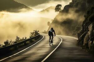 ein früh Morgen Reiten - - das Radfahrer Abenteuer durch ein Berg bestehen ai generativ foto