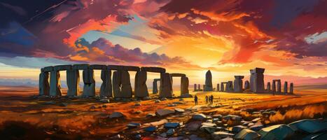 Stonehenge beim Sonnenuntergang. Fantasie Landschaft. Digital Öl Farbe Gemälde Illustration. ai generiert. foto