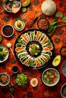 Overhead Schnappschuss von International Küche Sushi Pasta und Tacos auf ein bunt Tischdecke ai generativ foto