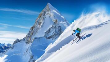 das schneebedeckt starten - - ein Skifahrer Sprung von Adrenalin und Abenteuer ai generativ foto