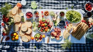 Antenne Aussicht von ein Sommer- Picknick präsentieren draussen Essen auf ein kariert Decke ai generativ foto