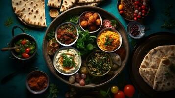 Overhead Blick von ein Mittelmeer Fest Hummus Pita-Brot Brot und Falafel in der Nähe von ein Tee Topf ai generativ foto