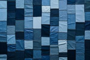 kreativ Patchwork von Denim Texturen im verschiedene Schatten von Blau, Ideal zum jugendzentriert Mode Anzeige ai generativ foto