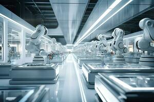Blick von das Zukunft Herstellung mit Humanoid Roboter ai generativ foto