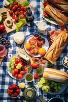 Antenne Aussicht von ein Sommer- Picknick präsentieren draussen Essen auf ein kariert Decke ai generativ foto