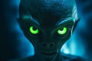 detailliert Bild von ein Außerirdischer Kreatur gebracht zu Leben im Schatten von Biolumineszenz Blues und Grüns ai generativ foto