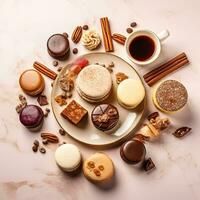 global Dessert Medley ein fesselnd flach liegen von Tiramisu Macarons und Baklava ai generativ foto