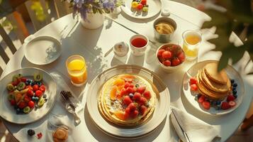Overhead Aussicht von gemeinschaftlich Frühstück Szene, Hervorheben geteilt Mahlzeiten im Morgen Sonnenlicht ai generativ foto