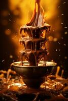 Schokolade Brunnen sprudelnd gegen beleuchtet Hintergrund mit links Copyspace ai generativ foto