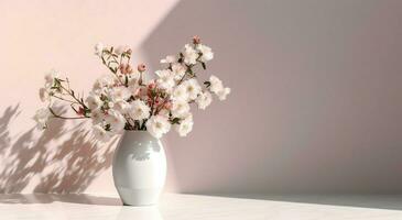 Weiß Keramik Vase mit Blühen Blumen Geäst im Sonnenlicht von Fenster auf Pastell- Rosa grau Mauer Schatten auf Weiß Fußboden zum Dekoration, Luxus kosmetisch Hautpflege Schönheit Produkt Anzeige, ai generativ foto