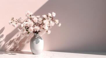 Weiß Keramik Vase mit Blühen Blumen Geäst im Sonnenlicht von Fenster auf Pastell- Rosa grau Mauer Schatten auf Weiß Fußboden zum Dekoration, Luxus kosmetisch Hautpflege Schönheit Produkt Anzeige, ai generativ foto