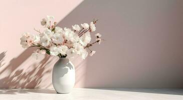 Weiß Keramik Vase mit Blühen Blumen Geäst im Sonnenlicht von Fenster auf Pastell- Rosa grau Mauer Schatten auf Weiß Fußboden zum Dekoration, Luxus kosmetisch Hautpflege Schönheit Produkt Anzeige, ai generativ foto