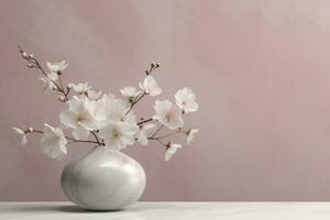 Keramik Vase mit Blühen Blumen Geäst im Sonnenlicht von Fenster auf Pastell- Rosa Mauer Schatten auf Weiß Fußboden zum Dekoration, Luxus kosmetisch Hautpflege Schönheit Produkt Anzeige, ai generativ foto