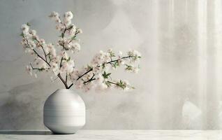Weiß Keramik Vase mit Blühen Blumen Geäst im Sonnenlicht von Fenster auf Pastell- grau Wand, Schatten auf Weiß Fußboden zum Dekoration, Luxus Kosmetik, Hautpflege, Schönheit Produkt, ai generativ foto