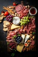 Vogelaugen Aussicht von Gourmet Wurstwaren Tafel mit Fleisch Käse Früchte und Nüsse ai generativ foto