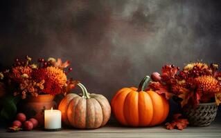 Festival Dekor Komposition mit Herbst Kürbisse mit trocken Blumen, Kerzen und ein hölzern Tabelle auf dunkel verschwommen Hintergrund mit Kopieren Raum. Halloween Konzept. gemütlich heim. ai generativ foto