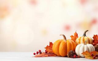 das Erntedankfest Tag mit Kürbisse, Kiefer Zapfen und Ahorn Blätter auf Licht Bokeh Beleuchtung Hintergrund. Herbst Komposition mit Kopieren Raum. hölzern Tisch. Halloween Konzept. ai generativ foto