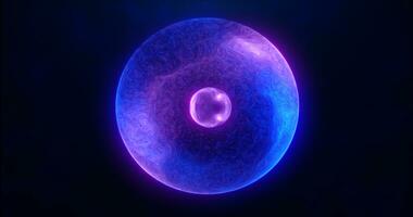 Blau lila Energie Kugel mit glühend hell Partikel, Atom mit Elektronen und elektrisch Magie Feld wissenschaftlich futuristisch Hi-Tech abstrakt Hintergrund foto
