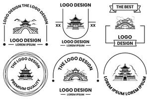 Chinesisch Gebäude oder japanisch Gebäude Logo im eben Linie Kunst Stil foto