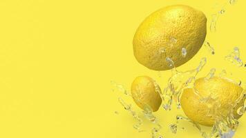 das Zitrone und Wasser Spritzen auf Gelb Hintergrund zum Essen oder trinken Konzept 3d Rendern foto
