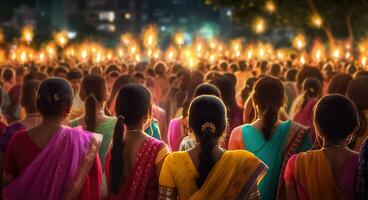 indisch Menge kam am Leben wie Sie getanzt zu das schlagen von traditionell Musik, während feiern das freudig Gelegenheit von Diwali. generativ ai foto