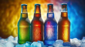 Bier Flaschen ruhen auf Eis, umgeben durch ein Spektrum von lebhaft Farbtöne, generativ ai foto