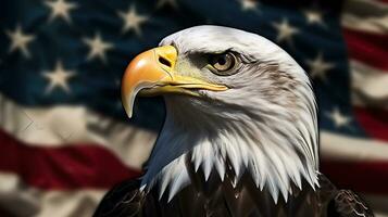 Adler auf das Hintergrund von das amerikanisch Flagge, Denkmal oder Unabhängigkeit Tag, generativ ai foto